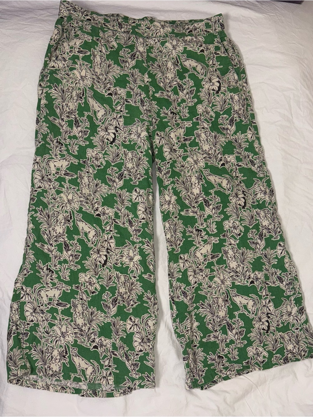 C&C California Green Safari Leopard Floral 100% Linen Wide Leg Pants XL